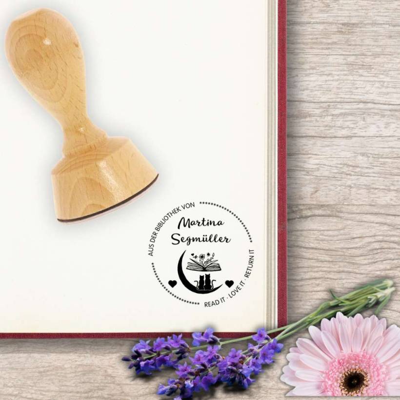 Ex Libris Stempel - Bücherstempel Rund 40mm Motiv Katze / Buch